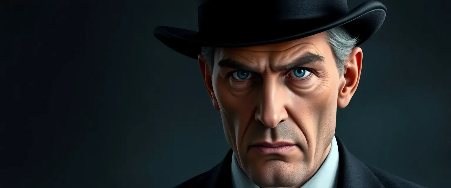 Middle-aged man in a sharp business suit and top hat, with piercing blue eyes and a sinister gaze.