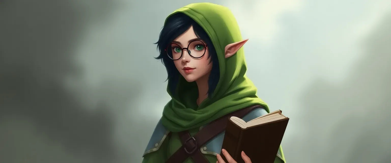 Half-elf with black hair and round glasses, wearing a green hood and light armor, always carrying a spellbook.