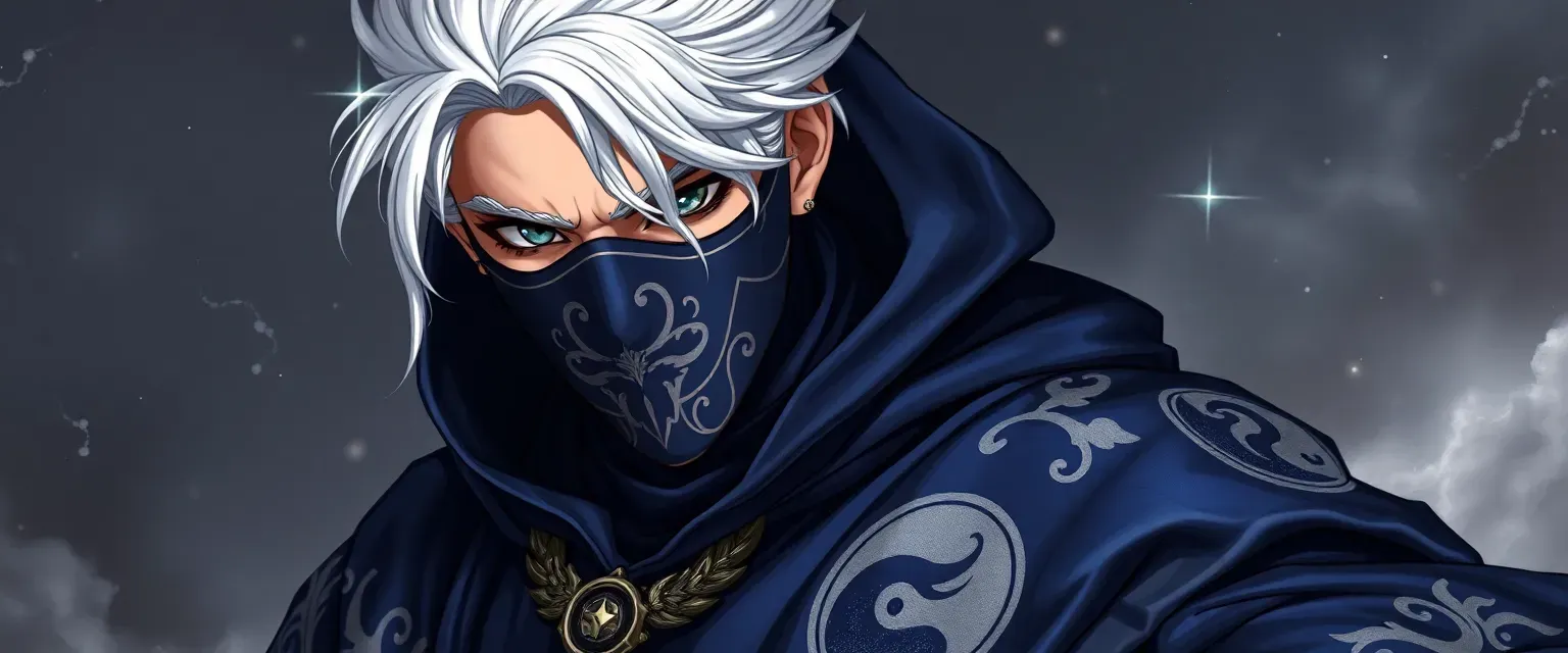 A masked man named Kael with silver hair wearing midnight blue robes adorned with celestial motifs; he wields control over yin and yang while protecting a prophesied boy.