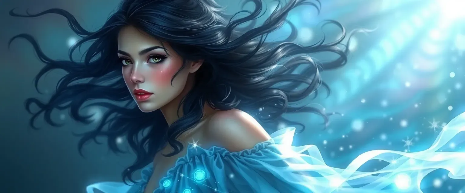 Ethereal young woman with flowing dark curls and a shimmering, luminescent dress in shades of blue and white.