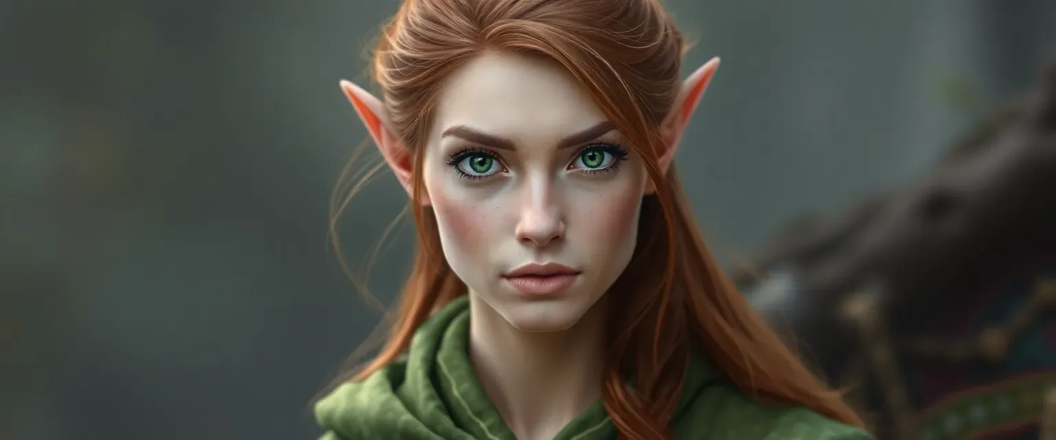 Half-elf woman with chestnut hair and deep green eyes, wearing nature-hued robes, serene yet wild expression.