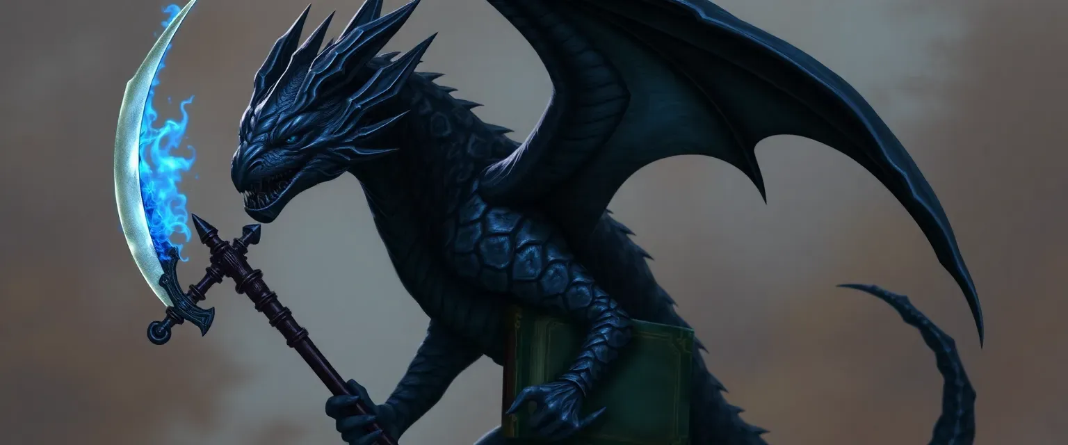 Black dragonborn, 64, dark scales, ethereal blue eyes, scar on left cheek, wields a scythe with blue flames, carries a necromancy book.
