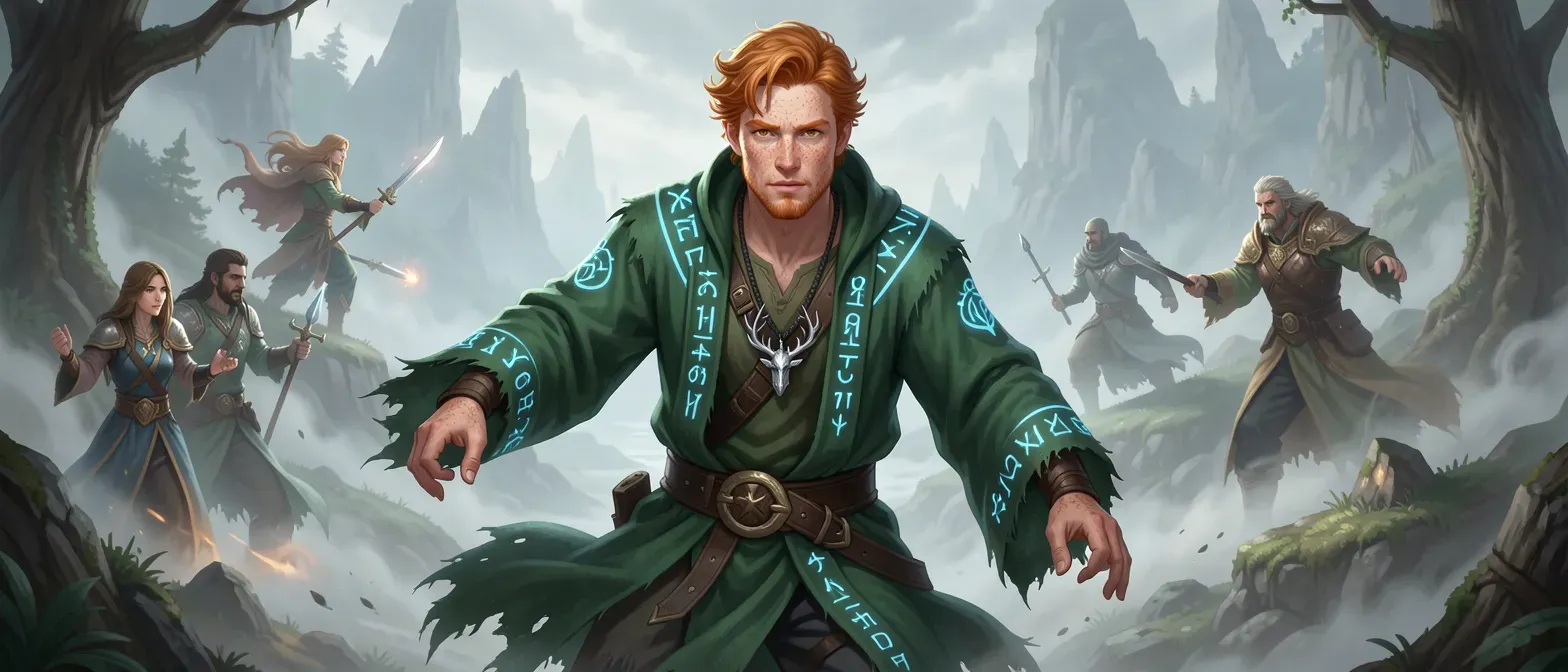 Lean 28-year-old ginger-haired man with hazel eyes and freckles, wearing frayed emerald robes with glowing runes, silver stag amulet, standing in a misty fantasy landscape.