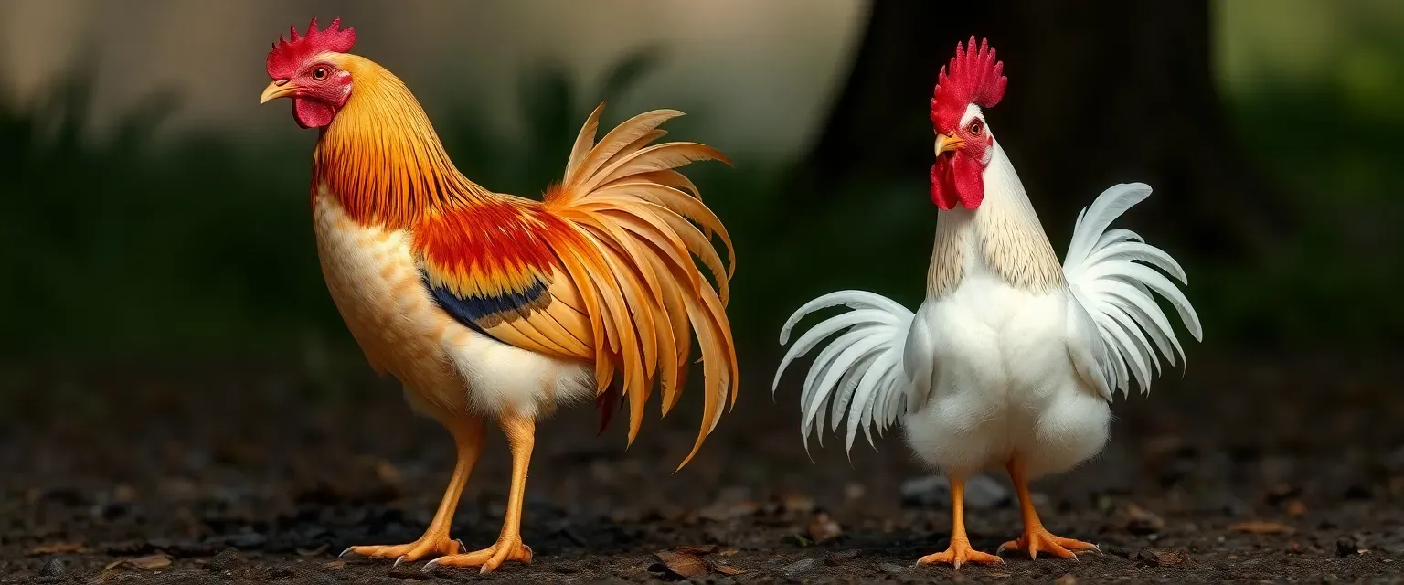 Tall hen with long legs, golden and chestnut feathers, brown eyes. Short rooster with white feathers, blue eyes, waddling gait.
