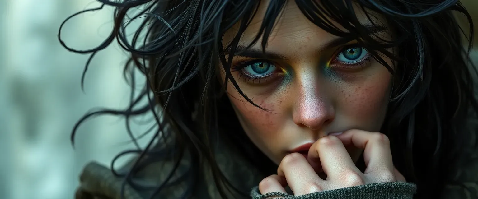 Young woman with dark, tangled hair and weary eyes, wearing tattered robes, adorned with simple rings.