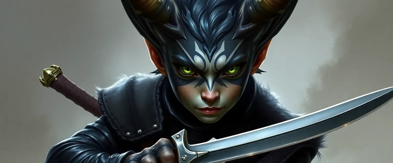 Young Harengon with grey and white fur, green eyes, wearing dark leather, armed with a curved dagger.