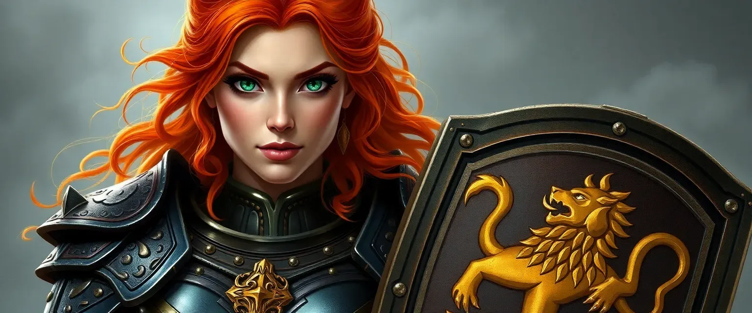 Auburn-haired woman in ornate armor, green eyes, tall, carrying a shield with a golden lion crest.
