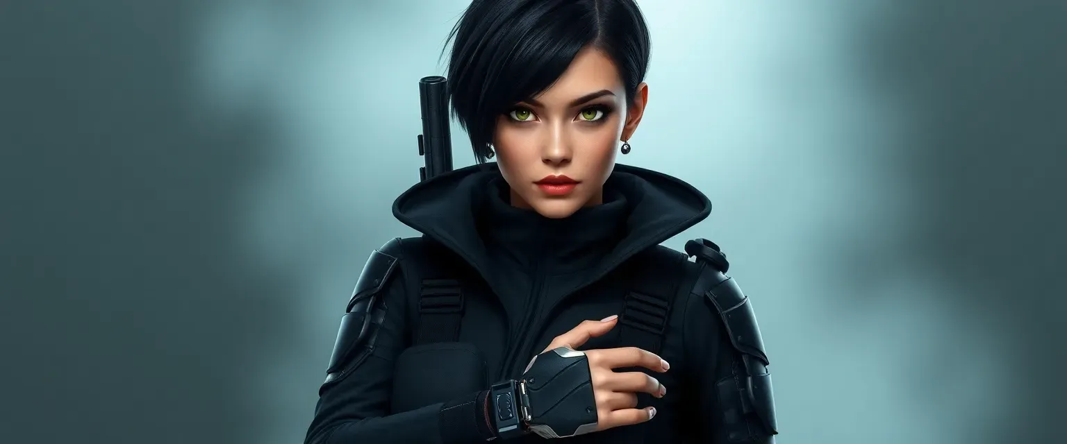 32-year-old female spy with short black hair, green eyes, wearing a black tactical suit and a cybernetic arm.