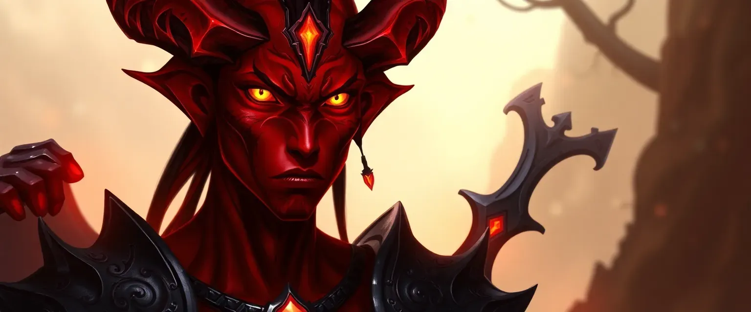 Tall tiefling Warmage, crimson skin with glowing tattoos, wearing dark enchanted armor, piercing yellow eyes.