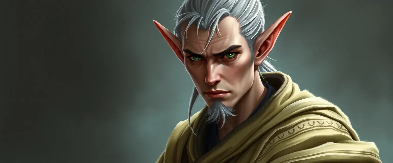 Elf monk with tattoos, stoic, wearing monk's robes, soft-spoken, green eyes, pale skin.
