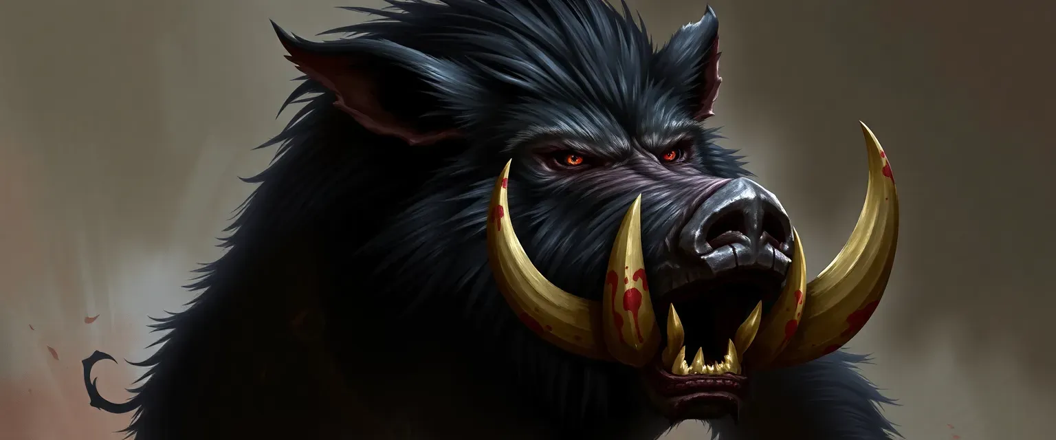 Seven-foot-tall wereboar with coarse dark hair, crimson eyes, and sharp tusks, wearing blood-stained leather and fur.