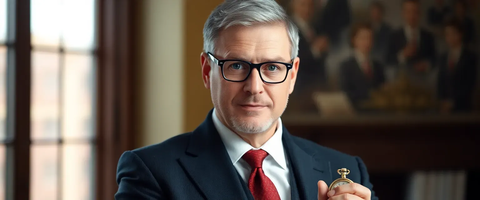 A 42-year-old man with short salt-and-pepper hair, blue eyes, wearing a well-tailored suit and spectacles, holding a pocket watch.