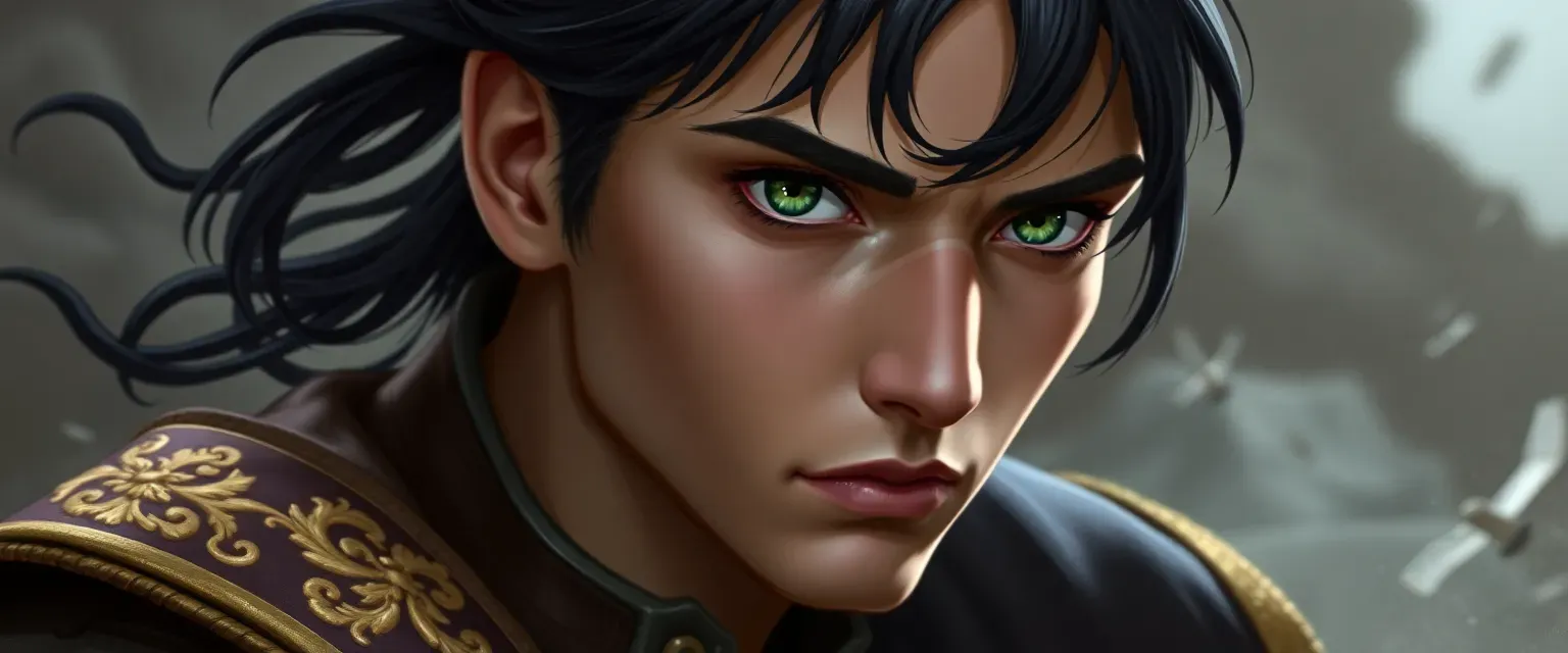 Youthful man with sharp cheekbones, piercing green eyes, dark hair tied back, wearing a fine doublet with gold embroidery.