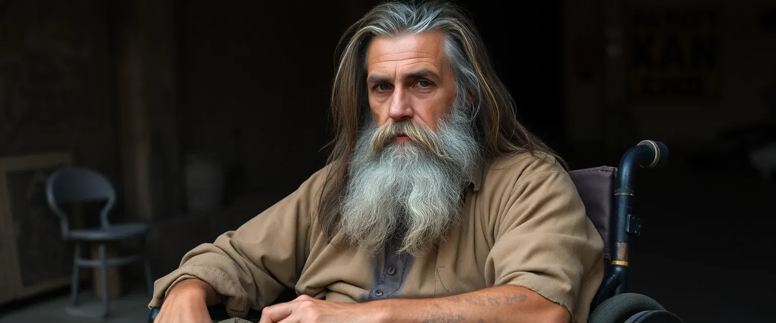 32-year-old homeless man in a wheelchair, unkempt with long matted hair and a wild beard, wearing stained and torn clothes.
