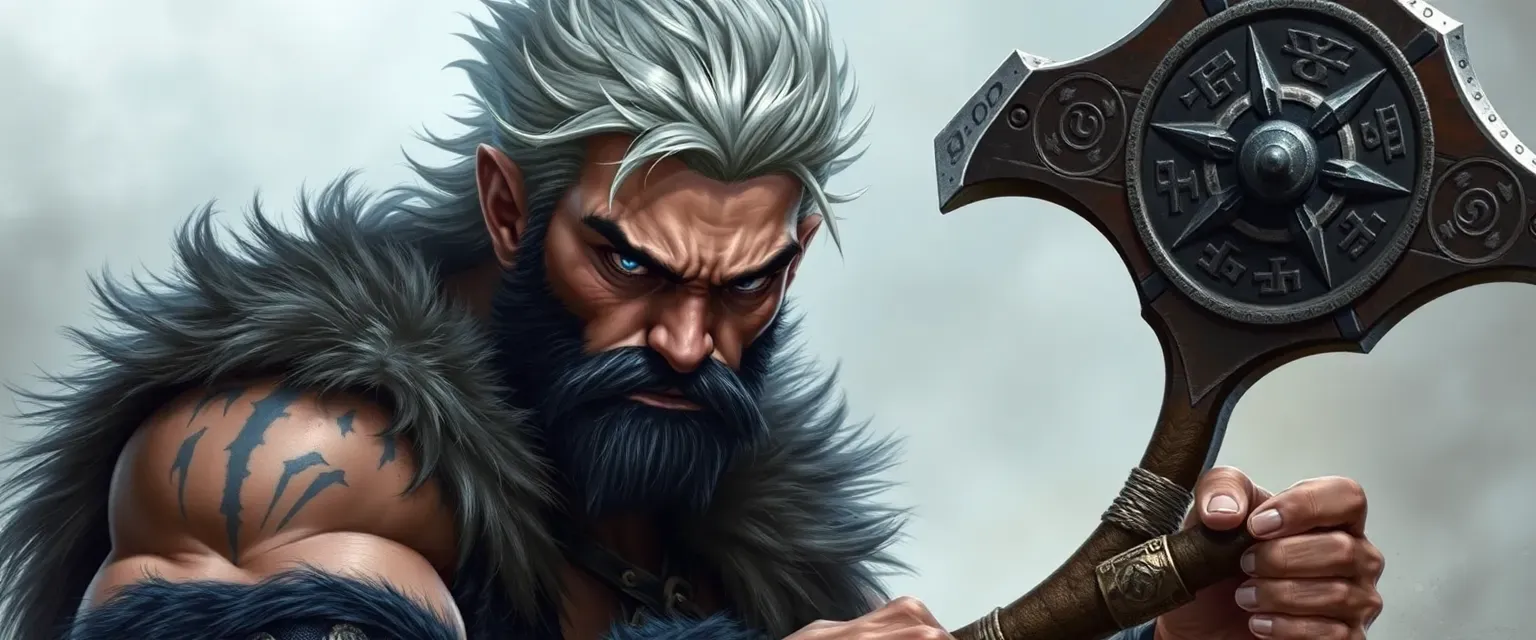 A muscular, scarred man with wild silver-black hair, piercing blue eyes, wearing beast furs, wielding a rune-adorned great axe.