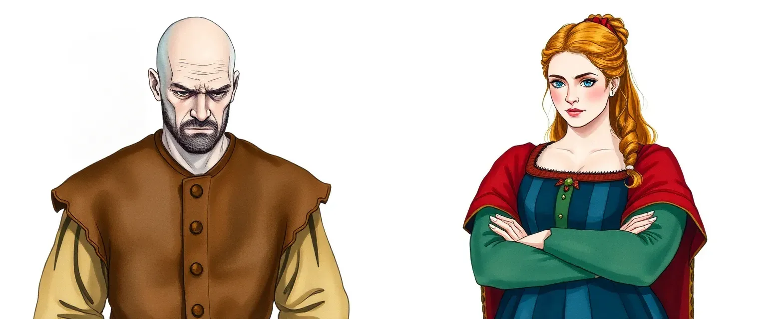 A bald, dejected man in medieval clothes, and a robust woman in a medieval dress, standing with arms crossed, in watercolor style.