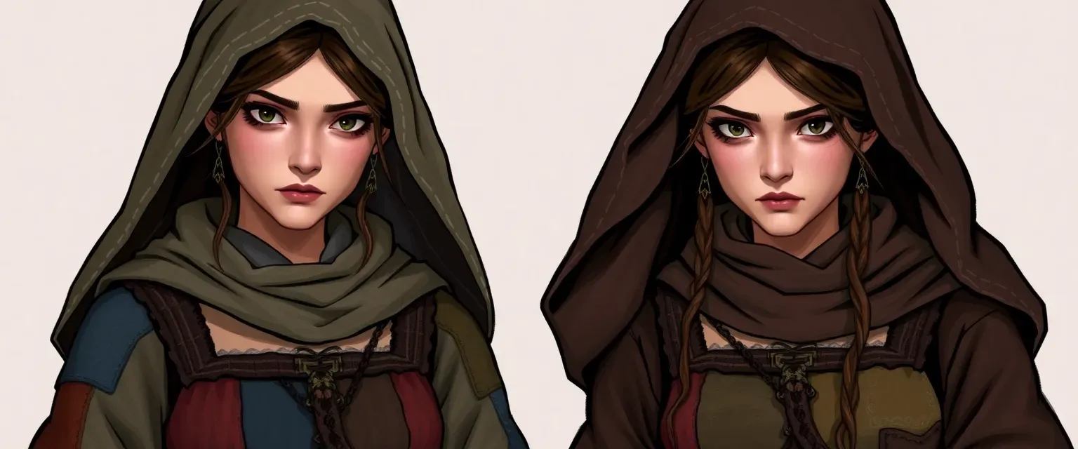 Two sisters, Aggie and Bess, in patched medieval dresses, with scarves covering their hair, sharp features, and discontented expressions.