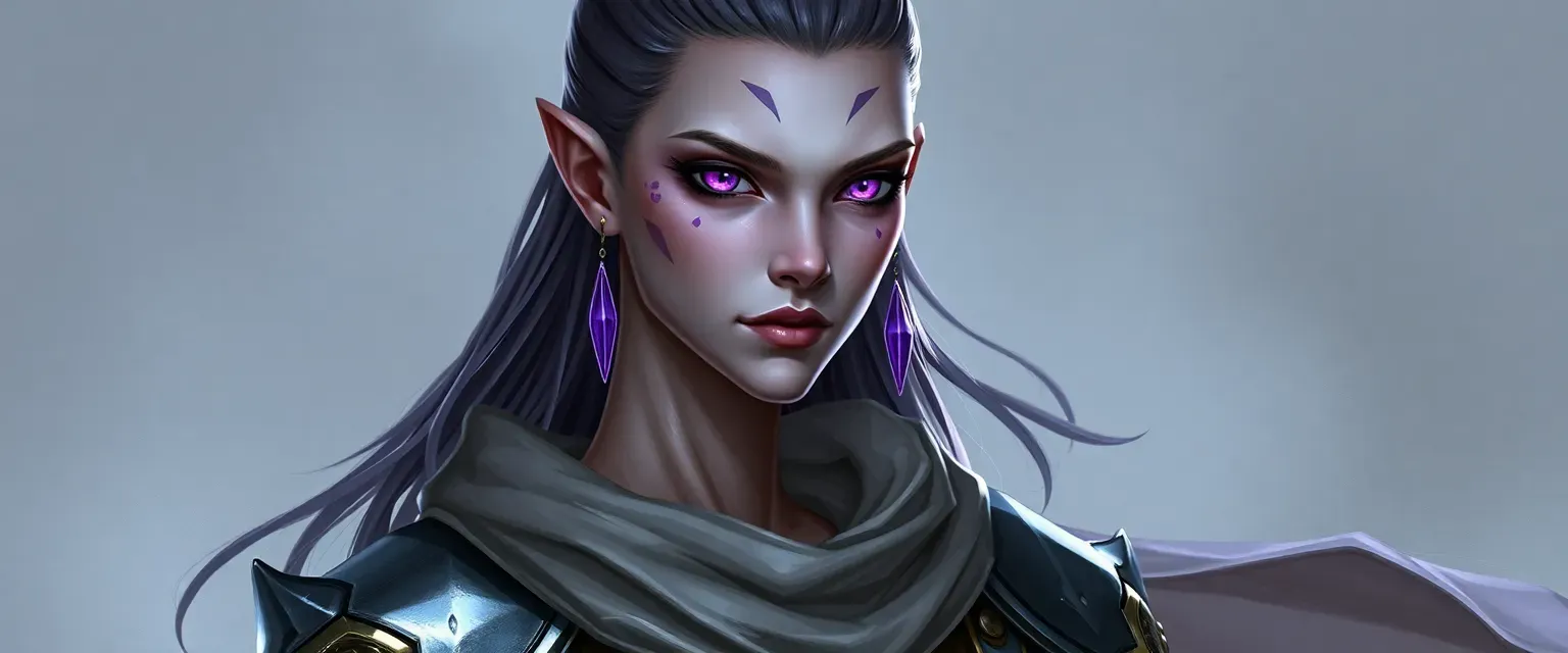 Tall, slender Altmer with violet eyes and faint purple marks, wearing light armor and flowing robes.