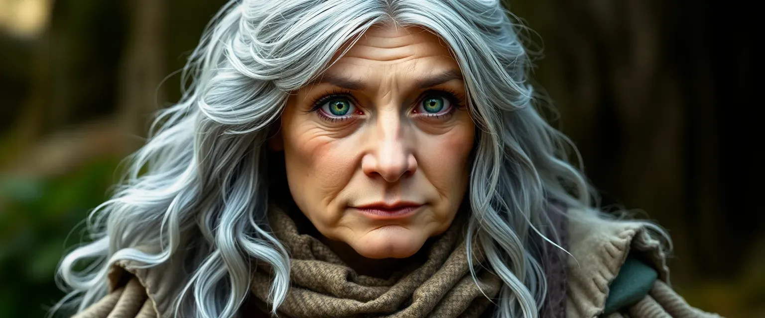 A sturdy hill dwarf woman in her fifties with silver-gray hair and emerald green eyes, dressed in ranger attire.
