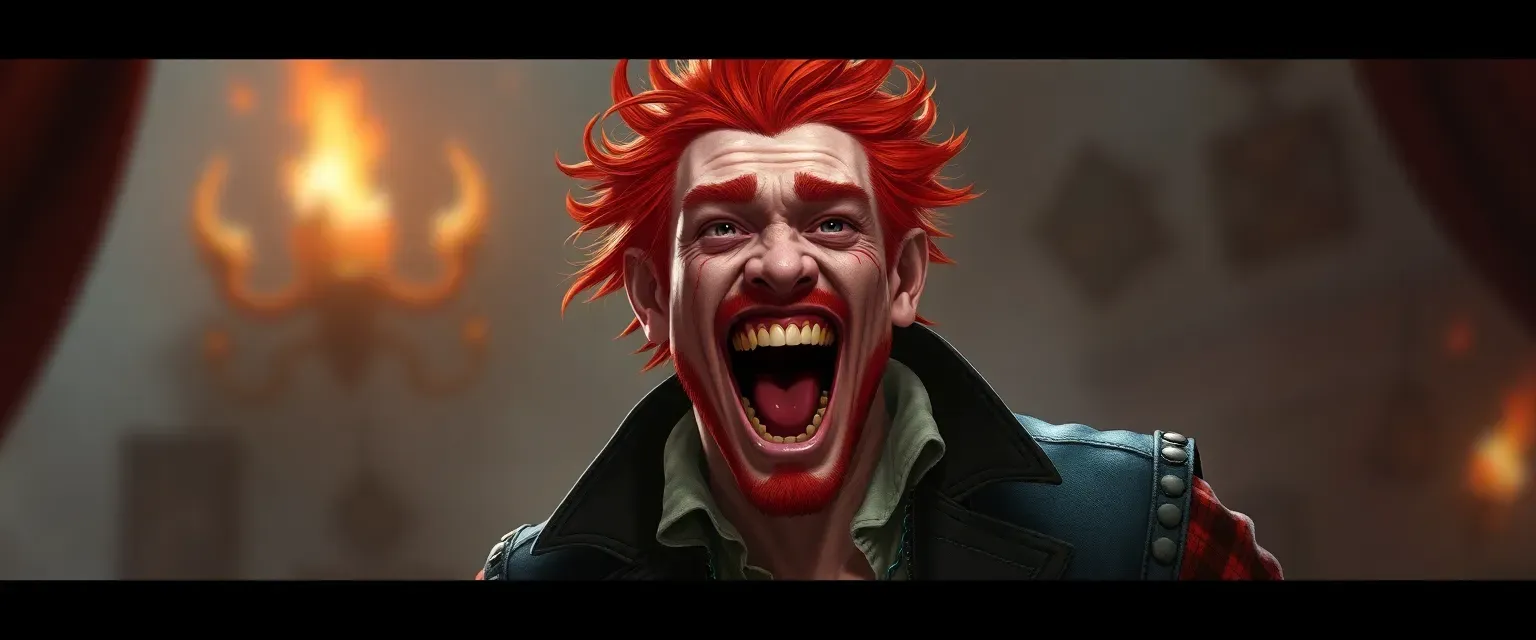 Pale-skinned man with fiery red hair, wearing a mix of circus and stolen clothes, often blood-smeared, with a chilling, high-pitched laugh.