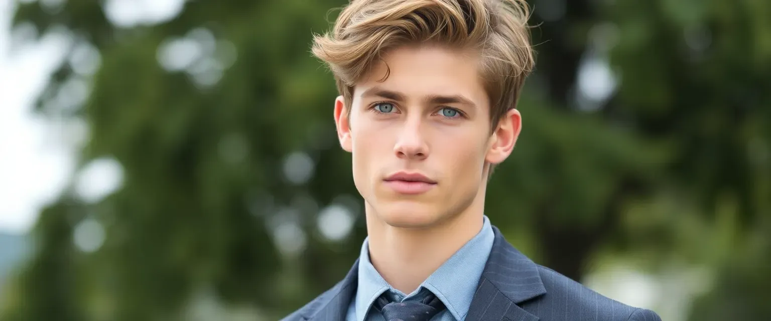 Seventeen-year-old Luc, lean and athletic, with tousled chestnut hair and piercing blue eyes, dressed in high-end casuals and tailored suits.