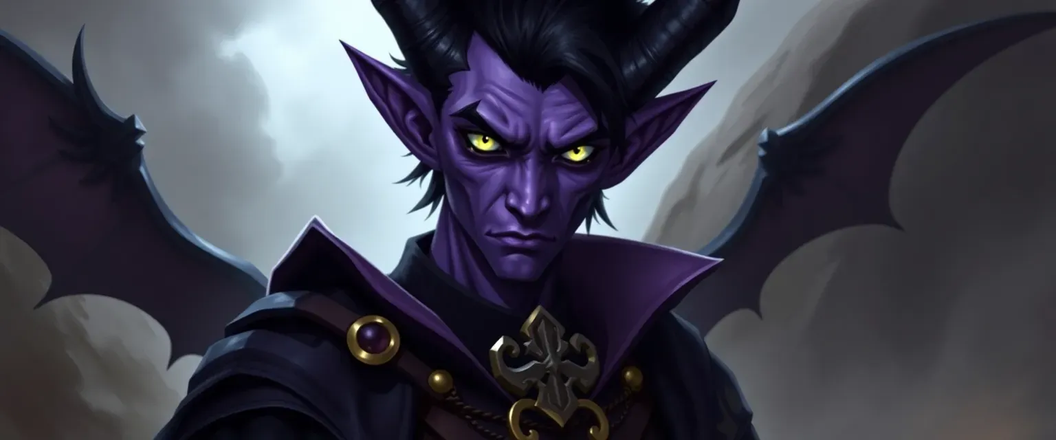 Tiefling warlock, purple skin, yellow eyes, black hair, noble attire with family crest.