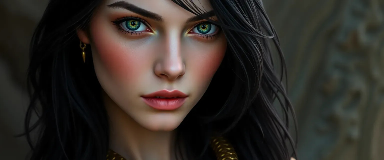 Young, beautiful woman with pale skin, black hair, green eyes that turn into snake eyes, wearing a gold snake necklace.