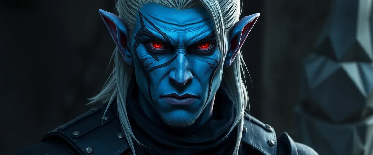 Male drow with blue skin, silver hair, crimson eyes, and battle scars, dressed in dark, tactical clothing.