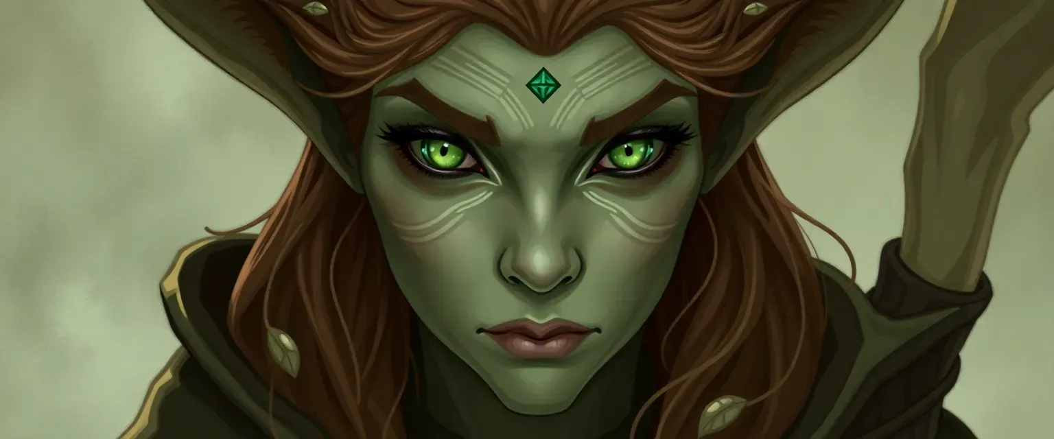 Early 30s changeling cleric with shifting appearance, deep green eyes, wearing earthy tones with nature symbols.
