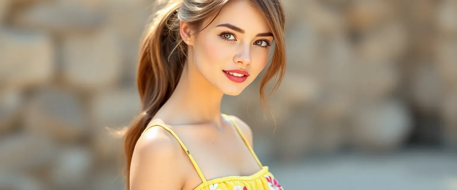 Petite woman with light brown hair in a ponytail, wearing a yellow sundress with flowers, white sandals, rosy lips, and flushed cheeks.