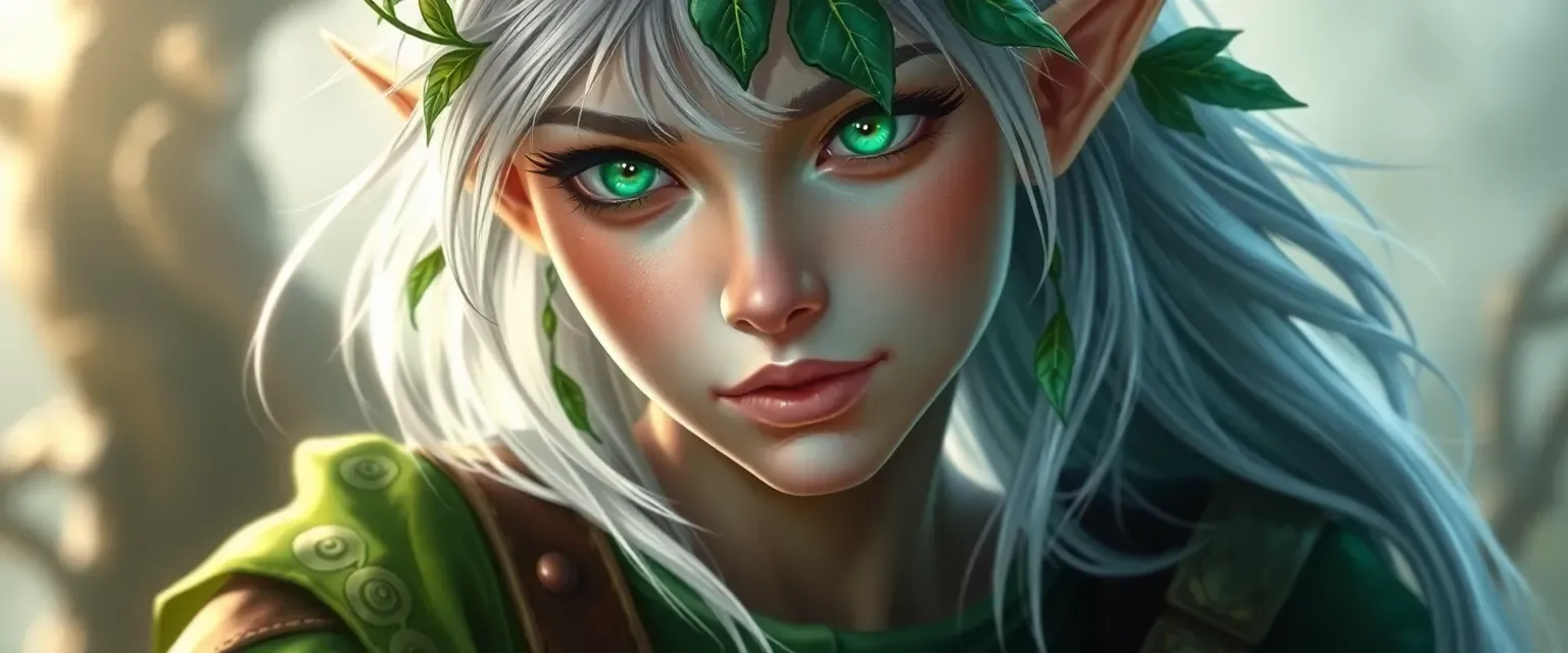 An elf with pale, luminescent skin, emerald eyes, and silver hair adorned with leaves, wearing a green tunic and leather breeches.