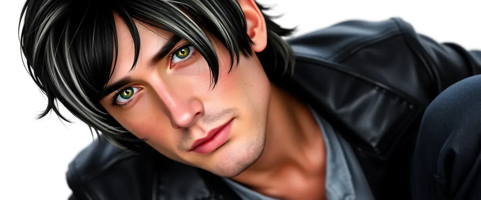 Early 30s man with slightly long black and white-tipped hair, green eyes, wearing a leather jacket and jeans.