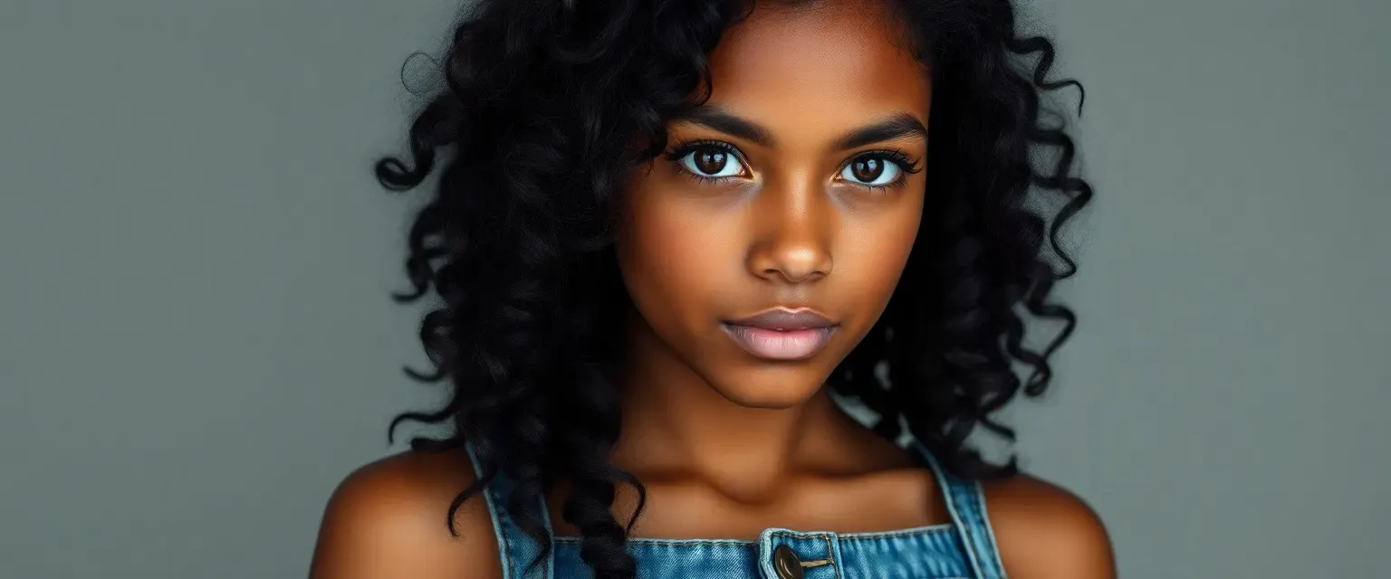17-year-old girl with dark chocolate curls, heterochromatic eyes, tan skin, freckles, in denim shorts and white crop top.
