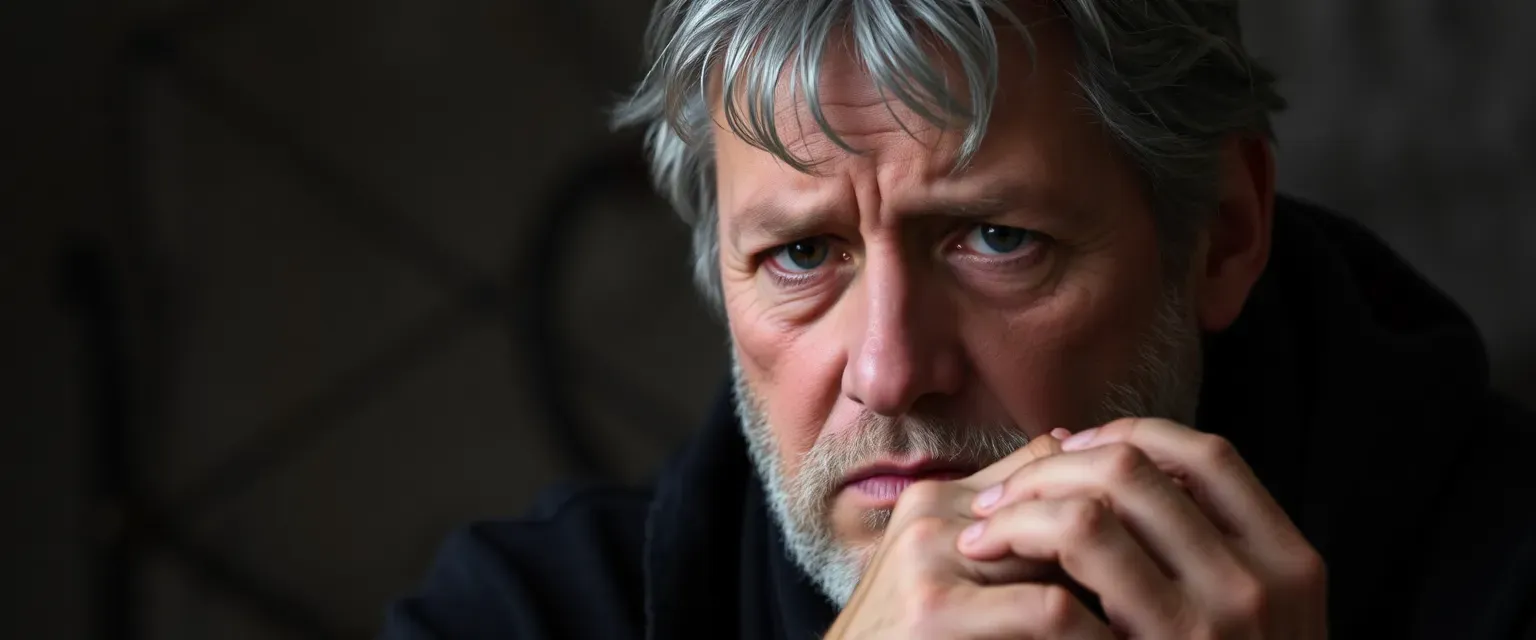 Middle-aged man with gray hair, wearing muted colors, has a worried expression and fidgety hands.