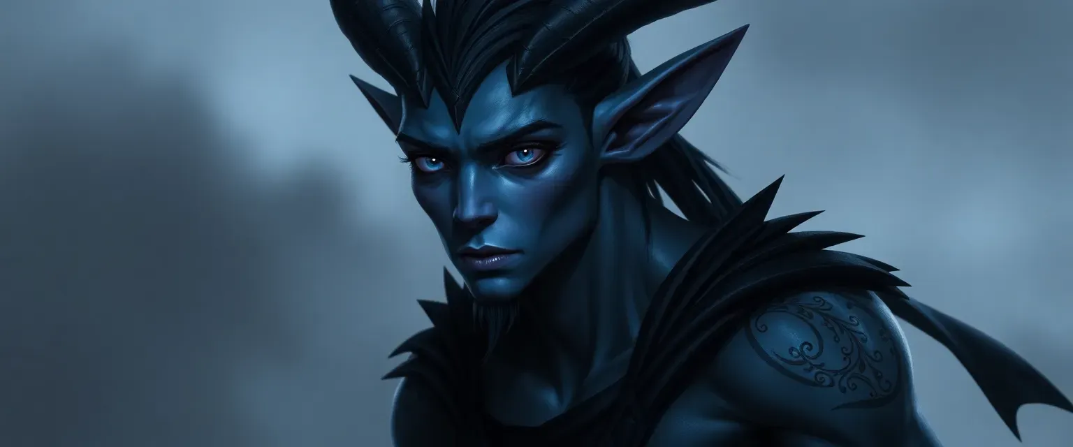 Tall fae with pointed ears, muscular build, bluish-purple eyes, dressed in black and dark blue.