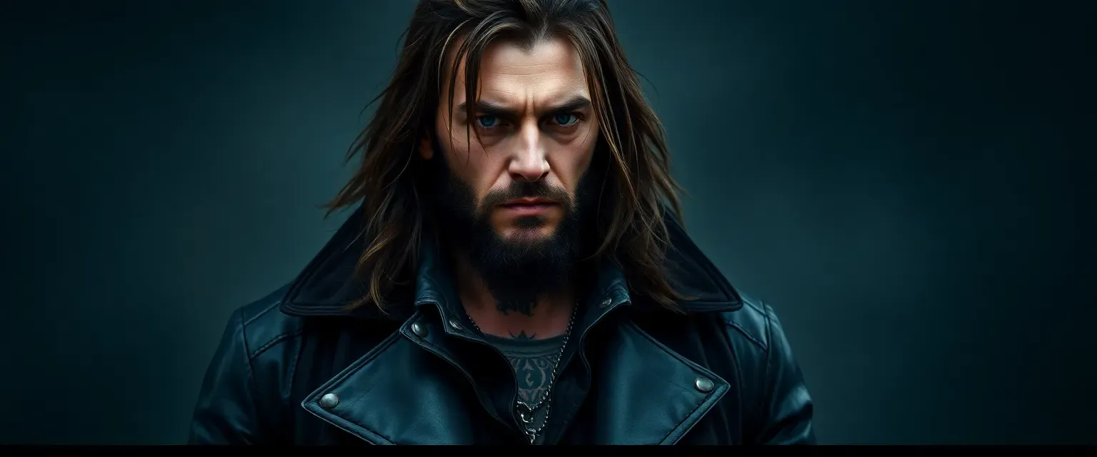 A 35-year-old man with long, unkempt hair and a scarred face, wearing a dark leather coat and rugged boots, with tattoos down his neck.