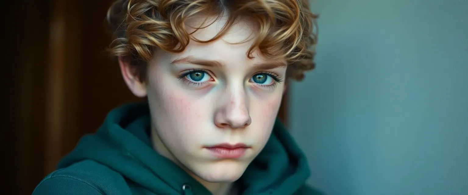 A 15-year-old boy with chestnut curls and a worn green hoodie, his hazel eyes filled with sorrow.