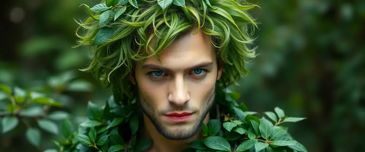 A man with green hair and eyes, draped in living foliage, embodying the spirit of the forest.