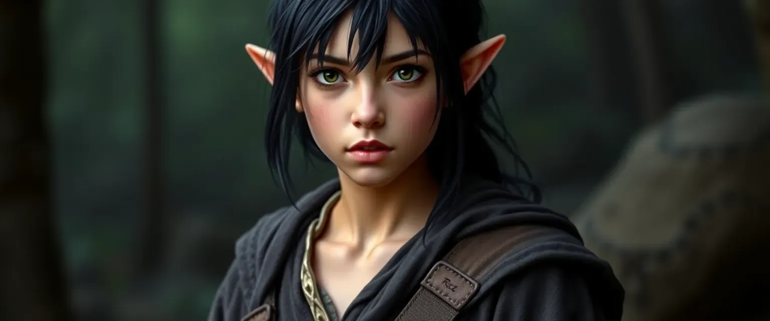 Young half-elf with black-dyed hair and dark eyes, wearing simple robes and a utility belt, exuding a mix of serenity and wildness.