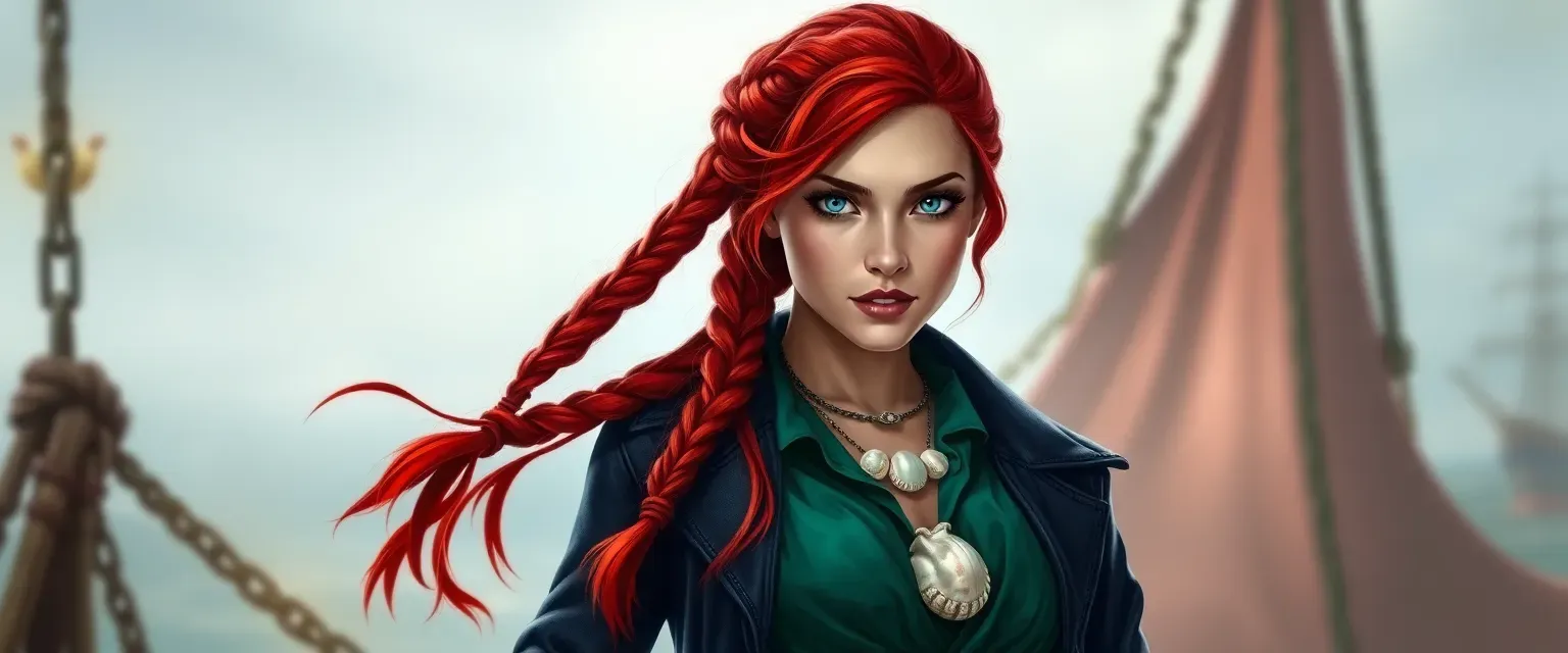 19-year-old pirate with bright red braided hair, azure eyes, sharp features, wearing fitted pants, emerald blouse, black leather jacket, and seashell necklace.
