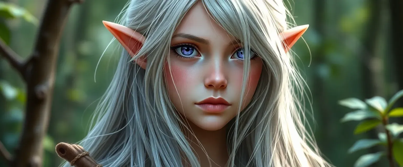 Young female elf with long silver hair and deep violet eyes, wearing simple forest attire.