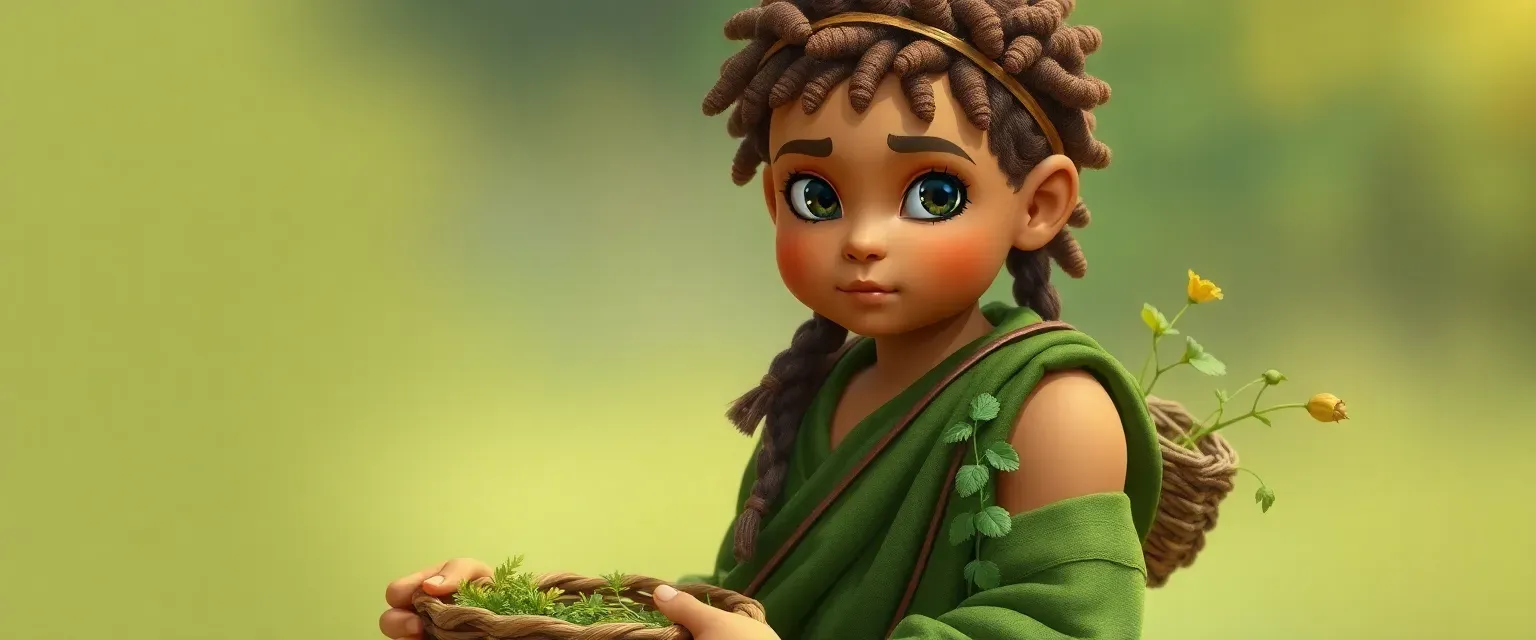 Young mute cookie healer with golden brown skin, green tunic, and a basket of herbs.