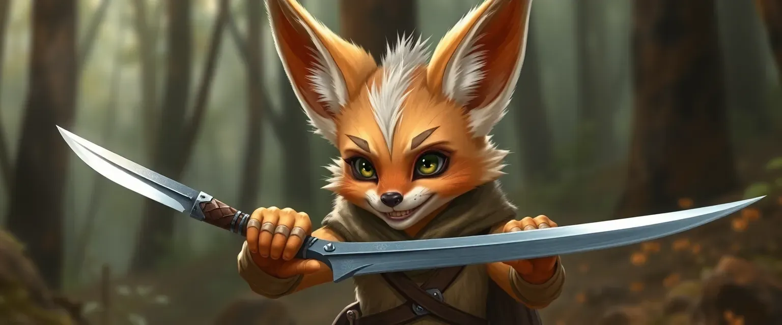 A young fennec fox boy with a mischievous grin, armed with swords and knives, living in the woods.