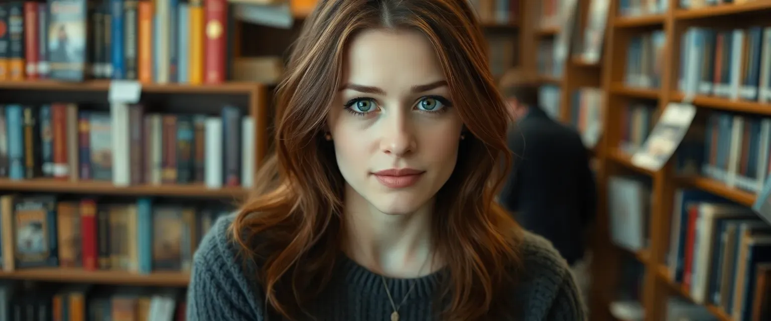 Early 30s woman with chestnut hair and hazel eyes, wearing dark jeans and a sweater, in a bookstore setting.