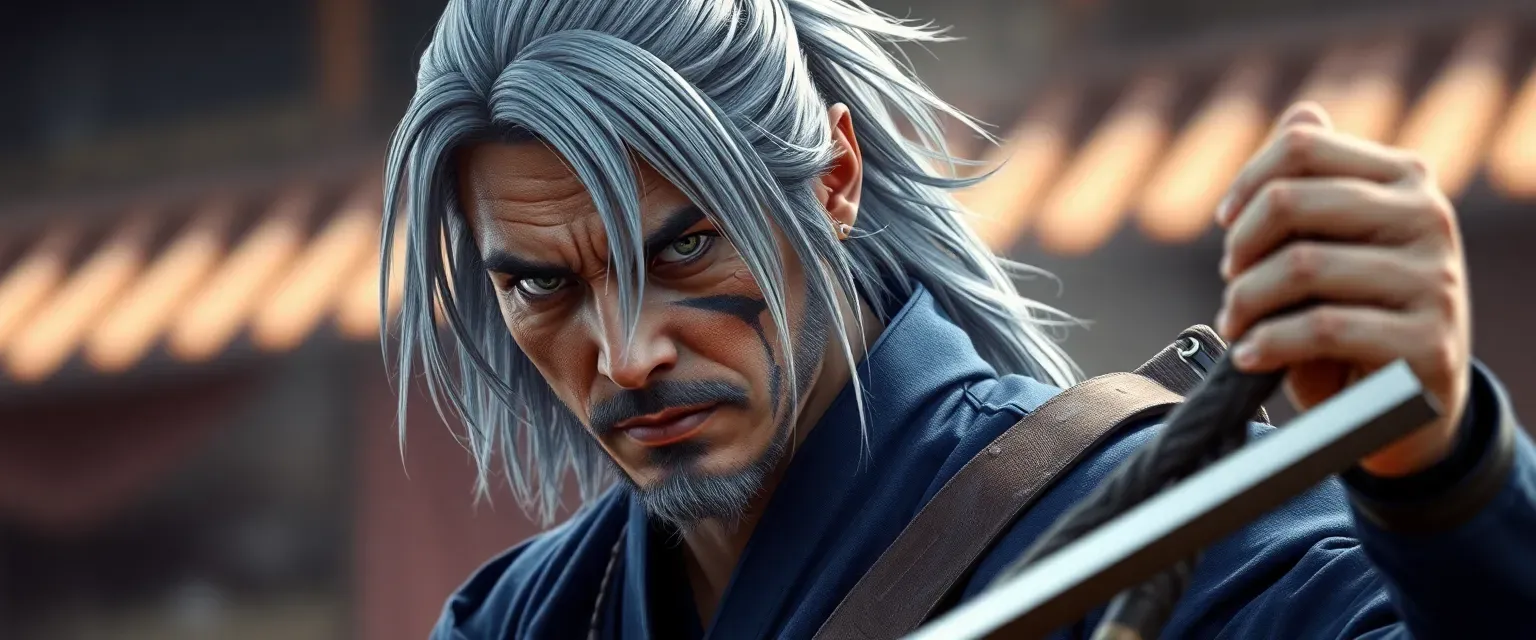 A 42-year-old samurai with silver-streaked hair and a facial scar, wearing a deep blue kimono and armor, with a katana at his side.