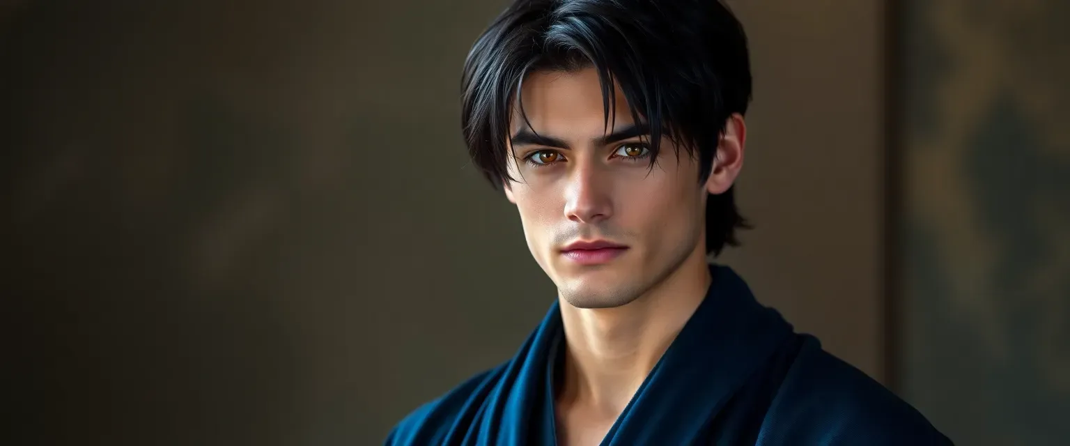 Young man with amber eyes, jet-black hair, lean build, wearing deep blue robes.