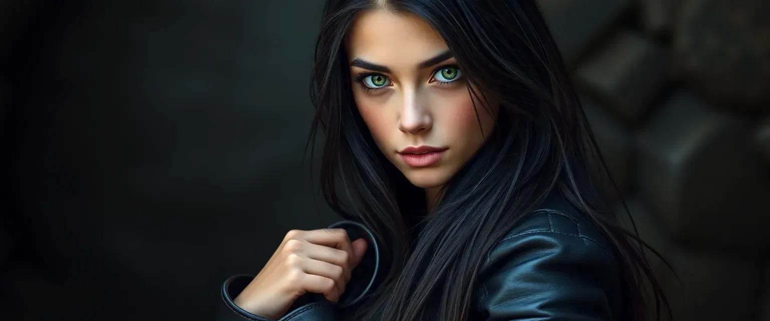 22-year-old woman with long, dark hair and piercing green eyes, wearing a leather jacket and carrying a bangle collection.