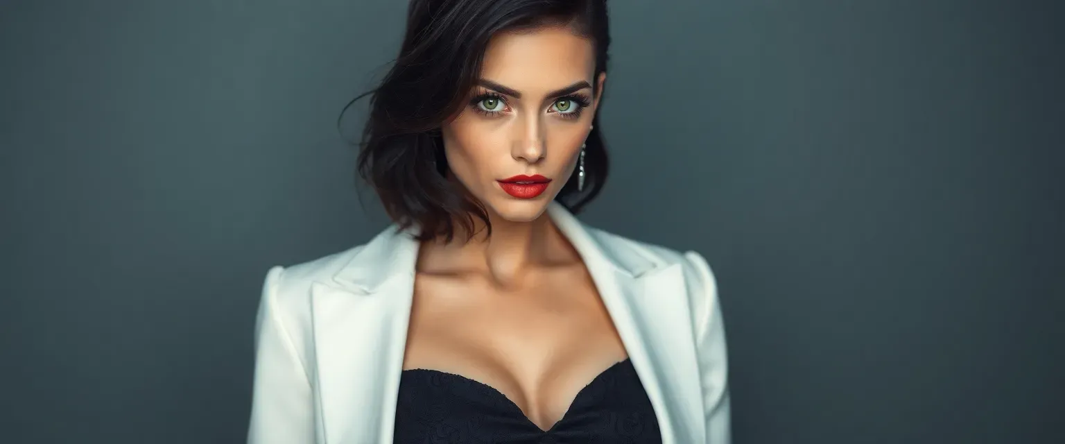 32-year-old woman with dark hair and green eyes, wearing elegant designer clothes, with a mysterious and alluring presence.