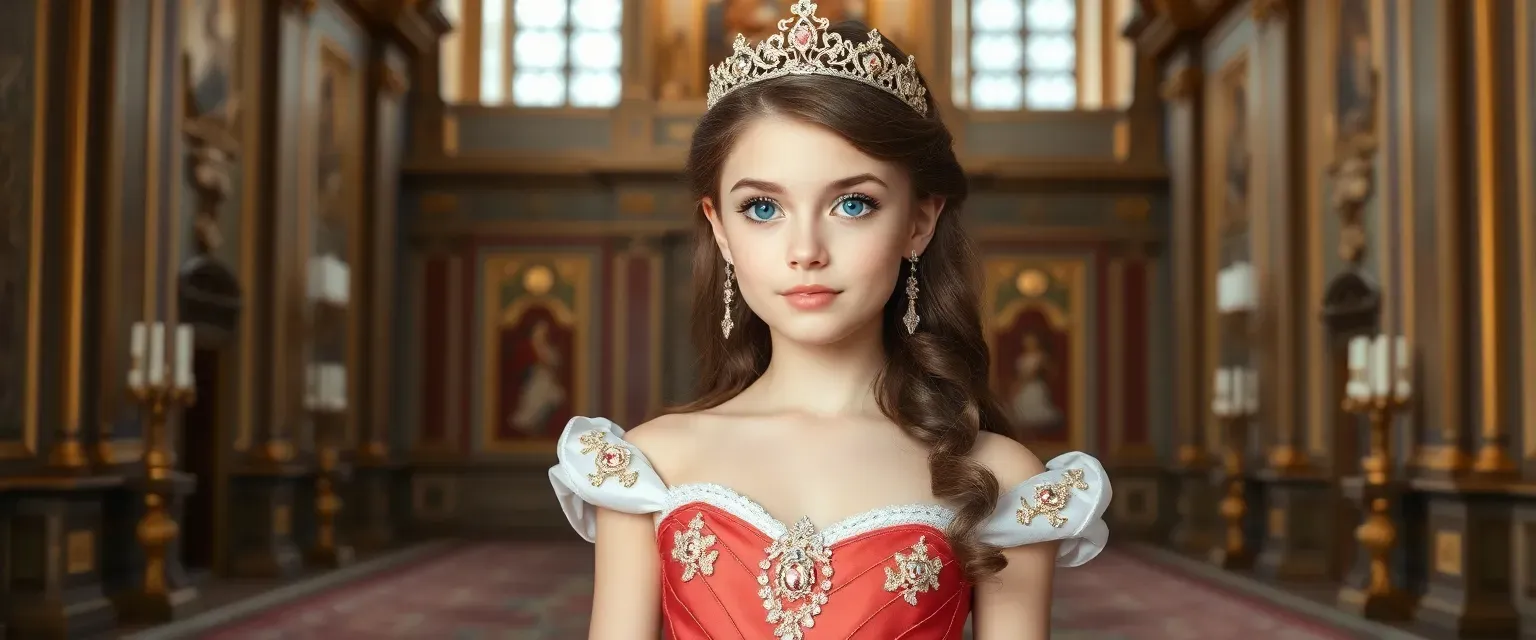 15-year-old princess, tall with brown hair and blue eyes, wearing a regal gown and tiara in a grand palace hall.