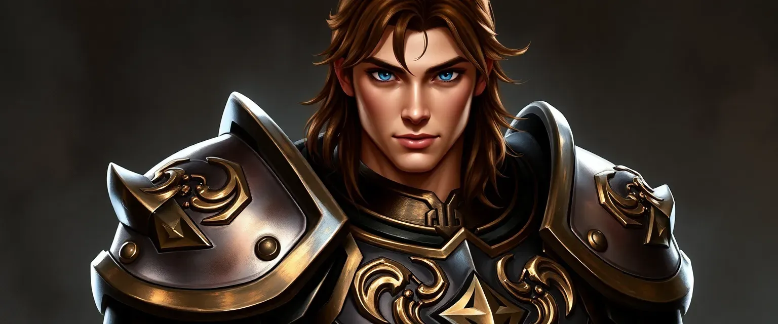 20-year-old Paladin, tall, sturdy, in gleaming plate armor with draconic symbols, dark chestnut hair, piercing blue eyes.